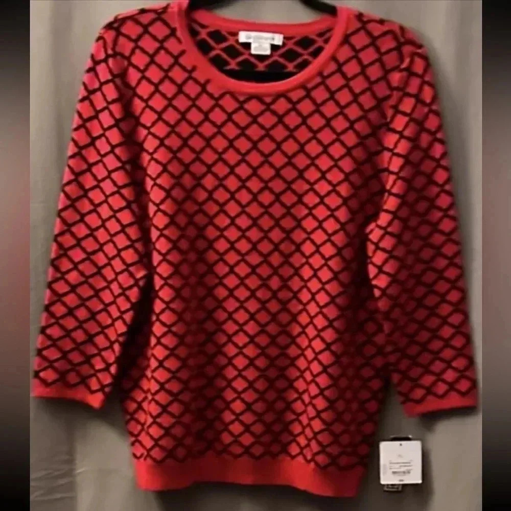 LIZ CLAIBORNE RED BLACK Jacquard Pull Over Sweater SIZE XL NWT Ladies